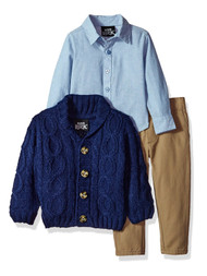 Infant & Toddler Boys 3-Piece Navy Cable Knit Cardigan Chambray Shirt & Pant Set