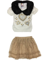 Little Girls Cream & Gold Rhinestone Bedazzled Heart Shirt Tulle Tutu Outfit
