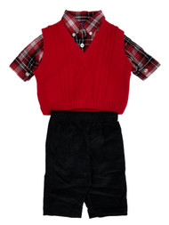 Infant & Toddler Boys 3pc Red Sweater Vest Plaid Shirt & Black Corduroy Pant Set