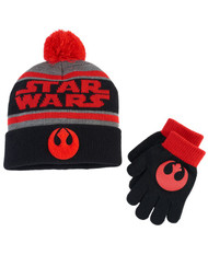 Boys Red & Black Cuff Pom Star Wars Winter Hat & Gloves Beanie Set