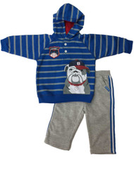 Infant Boys Blue & Gray 2 Pc Bull Dog Puppy Hoodie Sweater & Sweats Outfit Set
