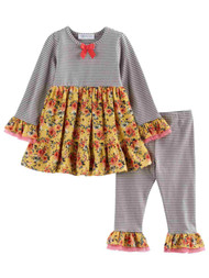 Infant Girls Ruffled Stripes & Flowers Baby Outfit Shirt & Leggings Set