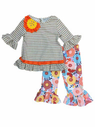 Infant & Toddler Girls Brown Ruffled Floral Baby Outfit Shirt & Leggings Set