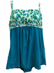 Womens Teal Floral Bathing Suit Single Piece Scrunch Top Swimming Dress