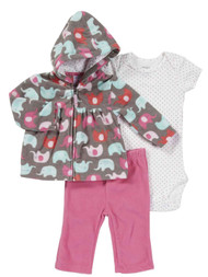 Carters Infant Girls 3 Piece Pink Pants Heart Creeper Elephant Print Hoodie