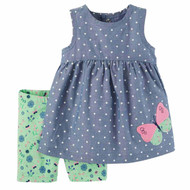 Infant Girls Blue & Green Polka Dot Butterfly Baby Outfit Shirt & Shorts Set