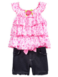 Infant Girls Pink Floral Baby Outfit Ruffled Chiffon Shirt & Denim Shorts Set