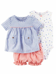 Carters Infant Girls 3 Piece Baby Outfit Blue Stripe Dress & Dot Sunsuit Set