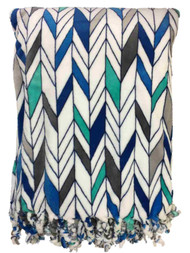 Oversized Blue White Geometric Plush Throw Blanket With Chunky Fringe Ultra Soft