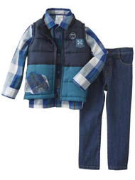 Infant & Toddler Boys Baby Monster Truck Outfit Blue Plaid Vest Shirt & Jeans