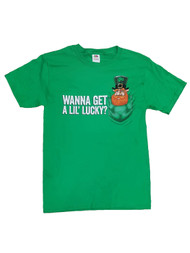 Saint Patrick's Day Mens Green Wanna Get A Lil' Lucky? Tee Leprechaun T-Shirt