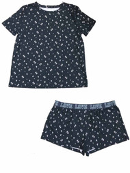 Womens Black & Pink Stars & Hearts Scribble Pattern Pajamas Shorts Tee Sleep Set