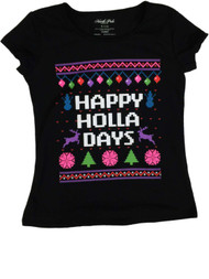 Girls Black Happy Holla Day Tee Shirt Girls Aztec Tribal Print Christmas T-Shirt