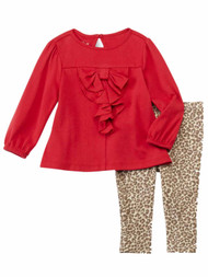 Infant Girls Baby Outfit Red Ruffle Shirt & Brown Leopard Print Leggings