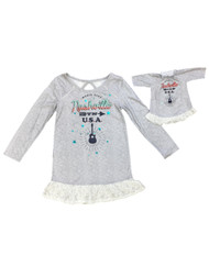 American Girl Girls Gray Nashville Nightgown & Doll Gown Set Music City 5-6