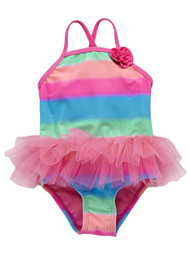 Infant & Toddler Girls 1 Piece Ruffle Rainbow Stripe Tutu Swimming Suit Swim