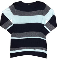 Womens Blue Navy & Silver Striped Knit Bedazzled Sweater Casual Dress Pullover
