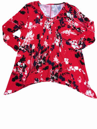 Womens Red Black & White Floral Blouse Shirt Handkerchief Hem Dress T-Shirt