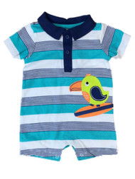 Infant Boys Surfing Bird Bodysuit Baby Outfit Blue Stripe Collared Romper