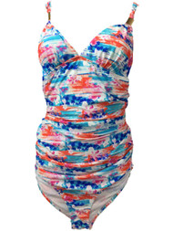 Womens White Blue Orange & Pink Tropical Floral Single Piece Swimming Suit