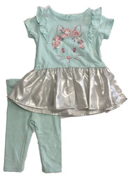 Infant Girls Blue Bunny Rabbit Baby Outfit Ruffle Metallic Shirt & Pants