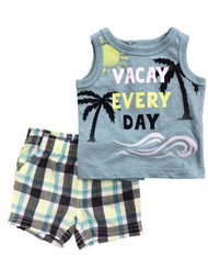Infant Boys Vacay Every Day Baby Outfit Tank Top Shirt & Plaid Shorts Newborn