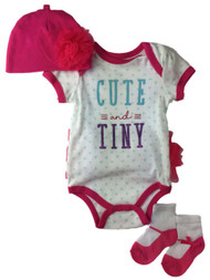 Infant Girls Pink Glittery Cute & Tiny Bodysuit Beanie & Socks 3 Piece Outfit