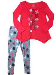 Girls Red & Gray Be Unique Glitter Holiday Snowflake Pajamas Christmas Sleep Set