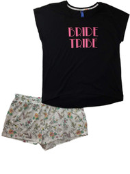 Womens Black & Pink Bride Tribe Floral Shorts Pajamas Flower Pant Sleep Set