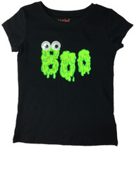 Girls Black Large Googly Eye Goo Boo Neon Green Creature Halloween T-Shirt