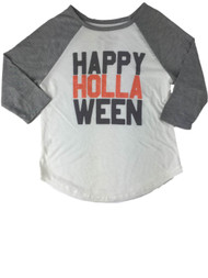Girls Happy Hollaween Gray White & Orange Glitter Halloween Baseball T-Shirt