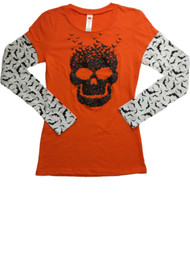 Womens Sparkling Skull & Bat Halloween Long Sleeve Tee Shirt Spooky T-Shirt