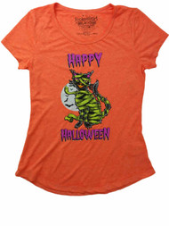 Womens Neon Orange Mummy Kitty Cat Halloween Tee Shirt Moon Black Kitten T-Shirt