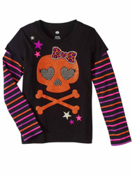 Girls Black Striped Glitter Skull & Crossbones Halloween T-Shirt Tee Shirt