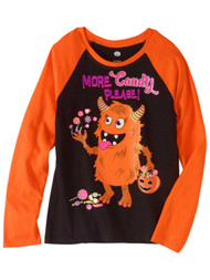 Girls Black & Orange Glitter More Candy Please Halloween T-Shirt Monster Tee
