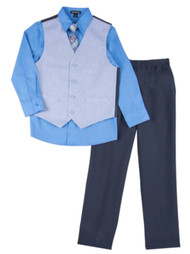 Boys 4 Piece Suit Blue Fleck Dress Up Outfit Holiday Shirt Tie Pants & Vest