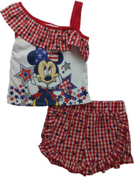 Disney Girls Red Blue & White Minnie Mouse Gingham Checker Print Outfit