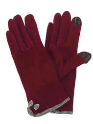 Womens Burgundy & Houndstooth Bow Stretch Fit Texting & Tech Touchscreen Gloves