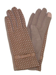 Womens Tan Polka Dot Bow Stretch Fit Texting & Tech Touchscreen Gloves