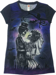 Junior Womens Black & White Skeleton Halloween Tee Shirt Spooky Wedding T-Shirt