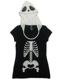 Junior Womens Black & White Skeleton Halloween Tee Shirt Hooded Skull T-Shirt