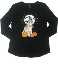 Womens Happy Halloween Witch Kitty Cat Long Sleeve Tee Shirt Sparkly T-Shirt