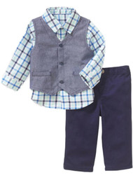 Infant Boys Blue Plaid 3 Piece Dress Up Outfit Shirt Vest & Pants Set