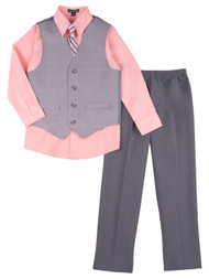 Boys 4 Piece Suit Peach & Gray Dress Up Outfit Holiday Shirt Tie Pants & Vest