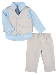 Infant Boys Suit Blue & Tan Baby Dress Up Outfit Shirt Vest Tie & Pants