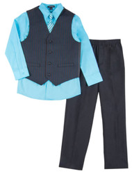 Boys 4 Piece Suit Aqua Blue & Black Pin Stripe Dress Up Outfit Holiday Shirt