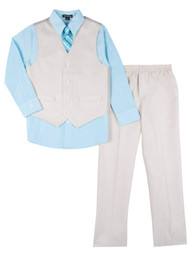 Boys 4 Piece Suit Tan & Blue Dress Up Outfit Holiday Shirt Tie Pants & Vest