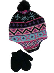 Infant Girls Black Nordic Print Knit Baby Pom Beanie & Mittens Trapper Hat Set