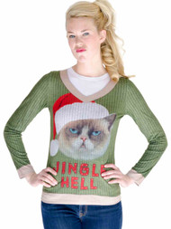 Faux Real Womens Jingle Hell Angry Kitty Cat Ugly Christmas Sweater T-Shirt