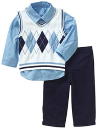 Infant Boys Blue Argyle 3 Piece Dress Up Outfit Shirt Vest & Pants Set